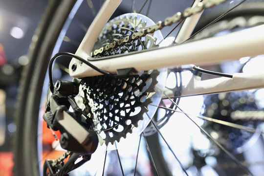 Bicycle parts and rear wheel brake disc cassette closeup