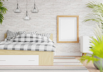 3D Modern interior of bedroom with mockup photo frame