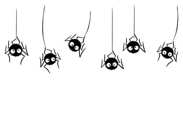Cute black spiders hanging and swing on the web. Hand drawn, isolated, seamless pattern of border. Vector background, decoration, divider or frame for Halloween
