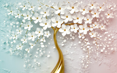 Złote drzewo 3d z białymi kwiatami w kolorowych odcieniach