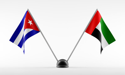 Stand with two national flags. Flags of Cuba and United Arab Emirates. Isolated on a white background. 3d rendering