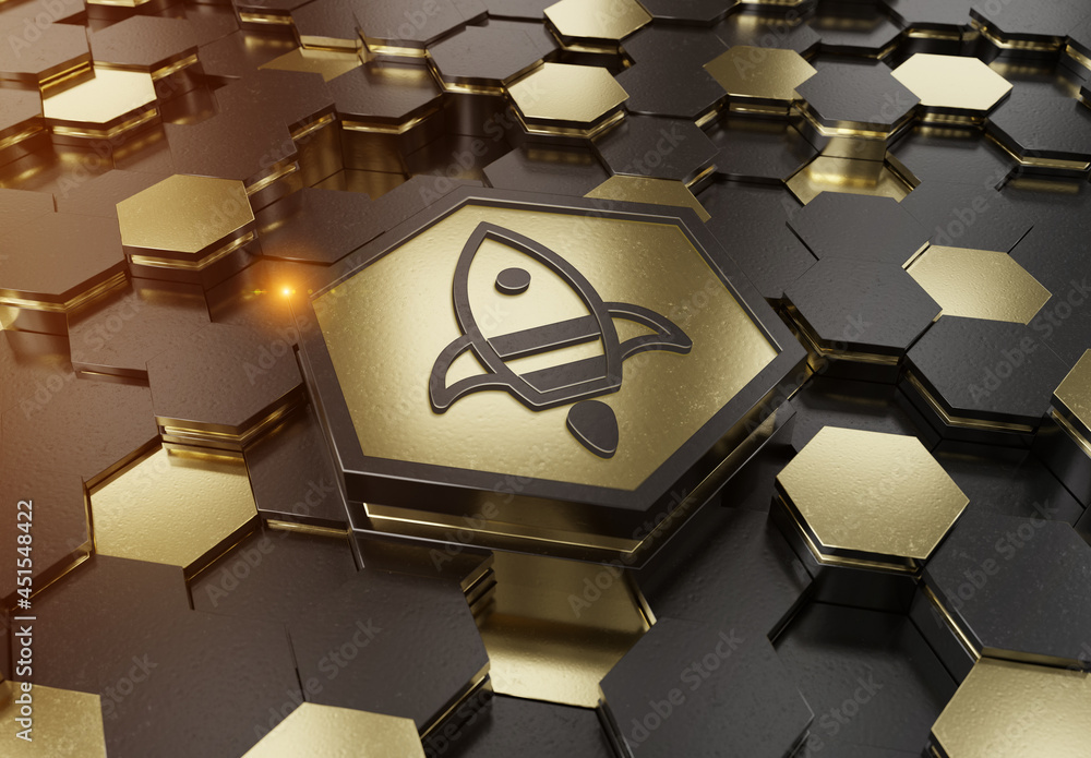 Poster Spaceship icon innovation concept engraved on gold metal hexagonal pedestral background. Rocket startup logo glowing on abstract digital surface. 3d rendering