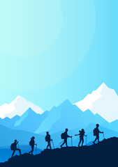 Fototapeta na wymiar Sports team climb a mountain. Cooperation. Travel concept of discovering, exploring, observing nature. Hiking tourism. Adventure. Minimalist graphic flyers. Polygonal flat design illustration