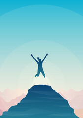 Girl jumping on top of the mountain. Travel concept of discovering, exploring and observing nature. Hiking tourism. Adventure. Minimalist graphic flyers. Polygonal flat design illustration.