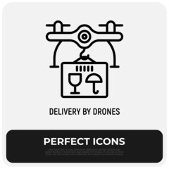 Drone delivery of parcel thin line icon. Modern vector illustration of logistic innovation.