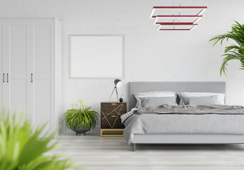 3D Modern interior of bedroom with mockup photo frame