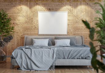3D Modern interior of bedroom with mockup photo frame