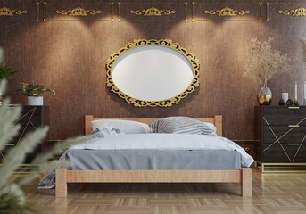 3D Modern interior of bedroom with mockup photo frame