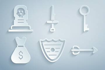 Set Shield, Old key, money bag, Arrow, Dagger and Grave with tombstone icon. Vector