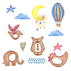 Watercolor wooden baby toys clipart. Sun, moon, star, heart, bird, owl, whale, chick,. Nursery...