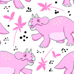 Hand drawn cute pink triceratops dinosaur with flower seamless pattern for fashion prints decoration, fabric, wallpaper and all prints on background earth tone color.
