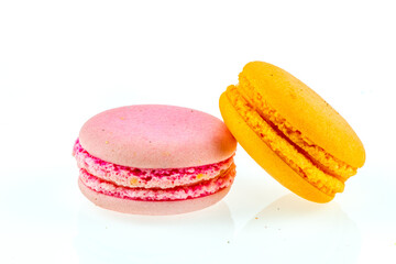 Colorful macarons on white background. Macaron or Macaroon is sweet meringue-based confection.