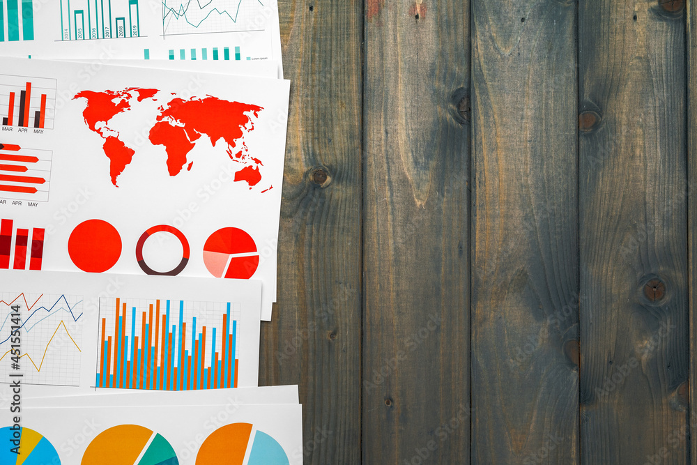 Poster office workplace table with report pages with financial data