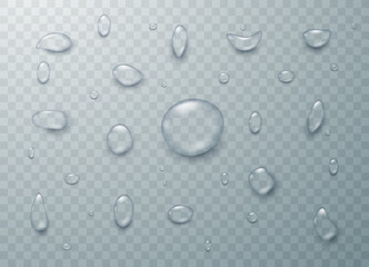 Realistic drops of rain or steam isolated on transparent background. Condensation set of transparent vector bubbles. Vector illustration.