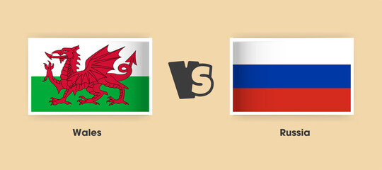 Wales vs Russia flags placed side by side. Creative stylish national flags of Wales and Russia with background