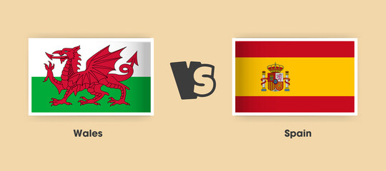 Wales vs Spain flags placed side by side. Creative stylish national flags of Wales and Spain with background