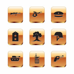 Set Submachine gun, Military tank, Walkie talkie, Nuclear explosion, rank, beret, Pistol or and Howitzer icon. Vector