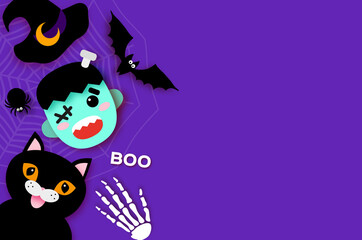 Happy Halloween. Monster Frankenstein. Black cat. Trick or treat. Bat, spider, web, bones. Space for text Purple.