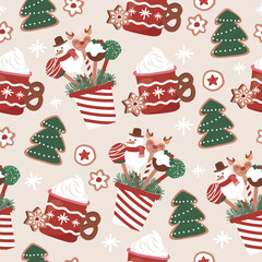 Christmas cake pop, cafe, sweets, biscuit seamless pattern for fabric, linen, textiles and wallpaper