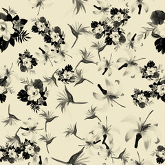 White Pattern Texture. Black Tropical Botanical. Gray Floral Background. Decoration Nature. Floral Design. Summer Textile. Spring Art. Wallpaper Design.