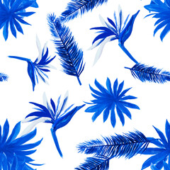 Fototapeta na wymiar Blue Pattern Exotic. Navy Seamless Painting. Azure Tropical Textile. Cobalt Flower Leaves. Indigo Floral Art. Wallpaper Vintage. Decoration Design.