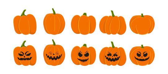 Set of ripe orange pumpkins and with creepy faces. Cartoon vector collection of lanterns and vegetables for Halloween.