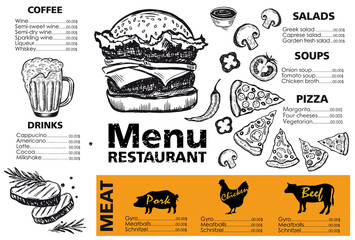 Menu template design for restaurant, sketch illustration. Vector.	