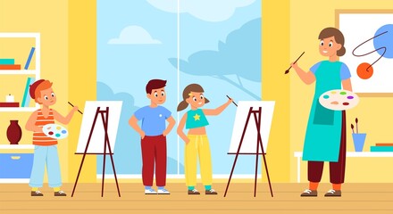 Children painting with teacher. Drawing lesson in classroom, students at easels hold palettes with paints, artists workshop and art class. Artistic boys and girls vector cartoon concept