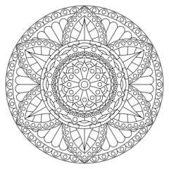 Round black and white mandala with plant ornament. Anti-stress coloring book for adults. Vector drawing.