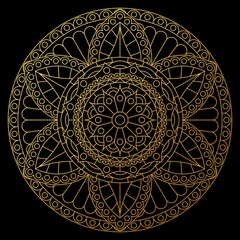 Round golden mandala with plant ornament on black background. Vector gradient design.