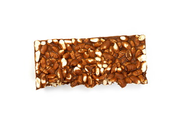 Chunks of milk chocolate with puffed rice isolated on white background. Rice chocolate studio...