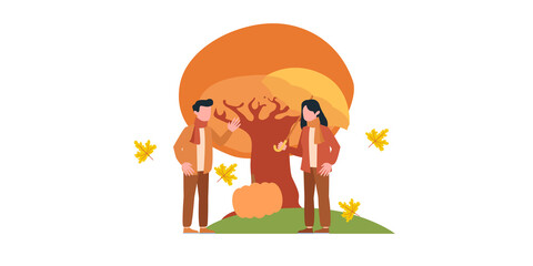 Autumn people, tree, deer, leaves, nature, village, country, city landscapes. Vector illustration of natural, urban and rustic background for poster, banner, card, brochure or cover.