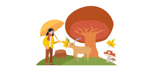 Autumn people, tree, deer, leaves, nature, village, country, city landscapes. Vector illustration of natural, urban and rustic background for poster, banner, card, brochure or cover.