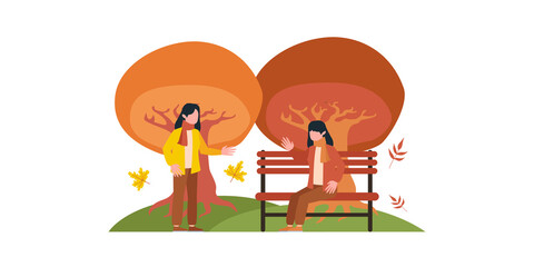 Autumn people, tree, deer, leaves, nature, village, country, city landscapes. Vector illustration of natural, urban and rustic background for poster, banner, card, brochure or cover.