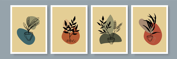 Abstract floral boho poster set. Contemporary backgrounds. Mid century wall decor. Design elements for book cover, page template, print, card, brochure, magazine, poster. 60s, 70s graphic.