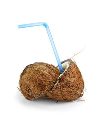 Coconut with drinking straws isolated on white background. Coconut cocktail.
