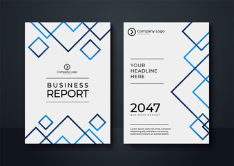 Modern blue triangle cover template. Elegant blue A4 cover with line pattern. Premium white and blue cover of appreciation template, clean modern design with gold badge