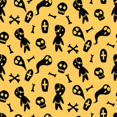 Happy Halloween-seamless pattern with set of characters-zombies, ghosts, skulls and bones. Textured background for greeting card, invitation, party poster, banner