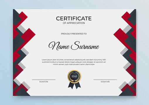 Premium elegant professional black and red certificate of appreciation template, clean modern design with gold badge