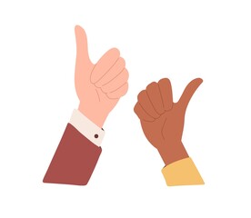 Diverse human hands with thumb up. Positive like and OK gesture, expressing satisfaction, agreement and approval. Good feedback concept. Flat vector illustration isolated on white background