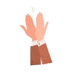 Fototapeta premium Male hands applauding, expressing respect and recognition. Open palms clapping, congratulating smb. Grateful applause and bravo gesture. Flat vector illustration of positive feedback isolated on white