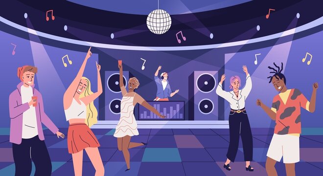 Disco club people. Young guys and girls having fun at discotheque. Friends group on dance floor of nightclub. Students party time. DJ playing music at turntable. Vector nightlife concept