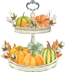 Watercolor vintage pumpkin arrangement. Autumn harvest composition isolated on white background.