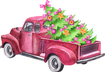 Christmas red retro truck with Christmas tree. Watercolor holiday illustration. Perfect for your Christmas and New Year project, invitations, greeting cards, wallpapers