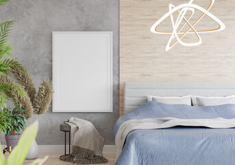 3D Modern interior of bedroom with mockup photo frame