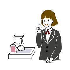 手洗いをうながす女子学生