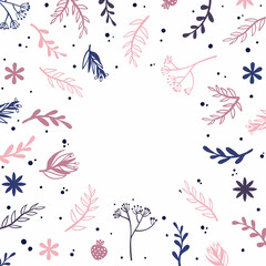 Square background with doodle flower and leaves silhouette with place for text. Colorful banner with copy space and hand drawn decorative plant in Scandinavian style.