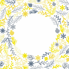 Obraz premium Square background with doodle flower and leaves silhouette with place for text. Colorful banner with copy space and hand drawn decorative plant in Scandinavian style.