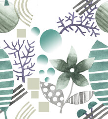 Abstract flowers, branches and leaves turquoise green watercolor on white background seamless pattern for all prints.