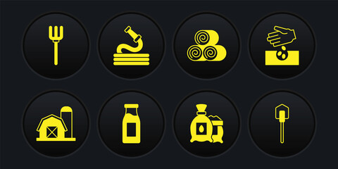 Set Farm house, Seeds, Bottle with milk, Pack full of seeds of plant, Roll hay, Garden hose, Shovel and pitchfork icon. Vector